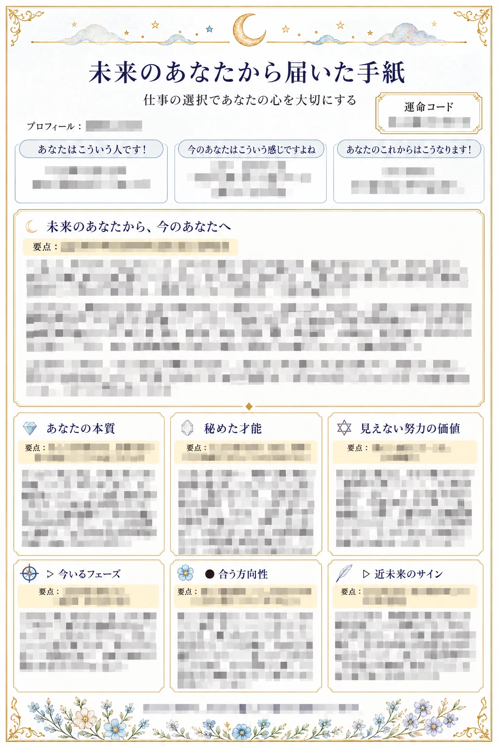 無料1ページ目：未来のあなたから今のあなたへ、あなたの本質、秘めた才能など。鑑定本文はモザイク処理済み