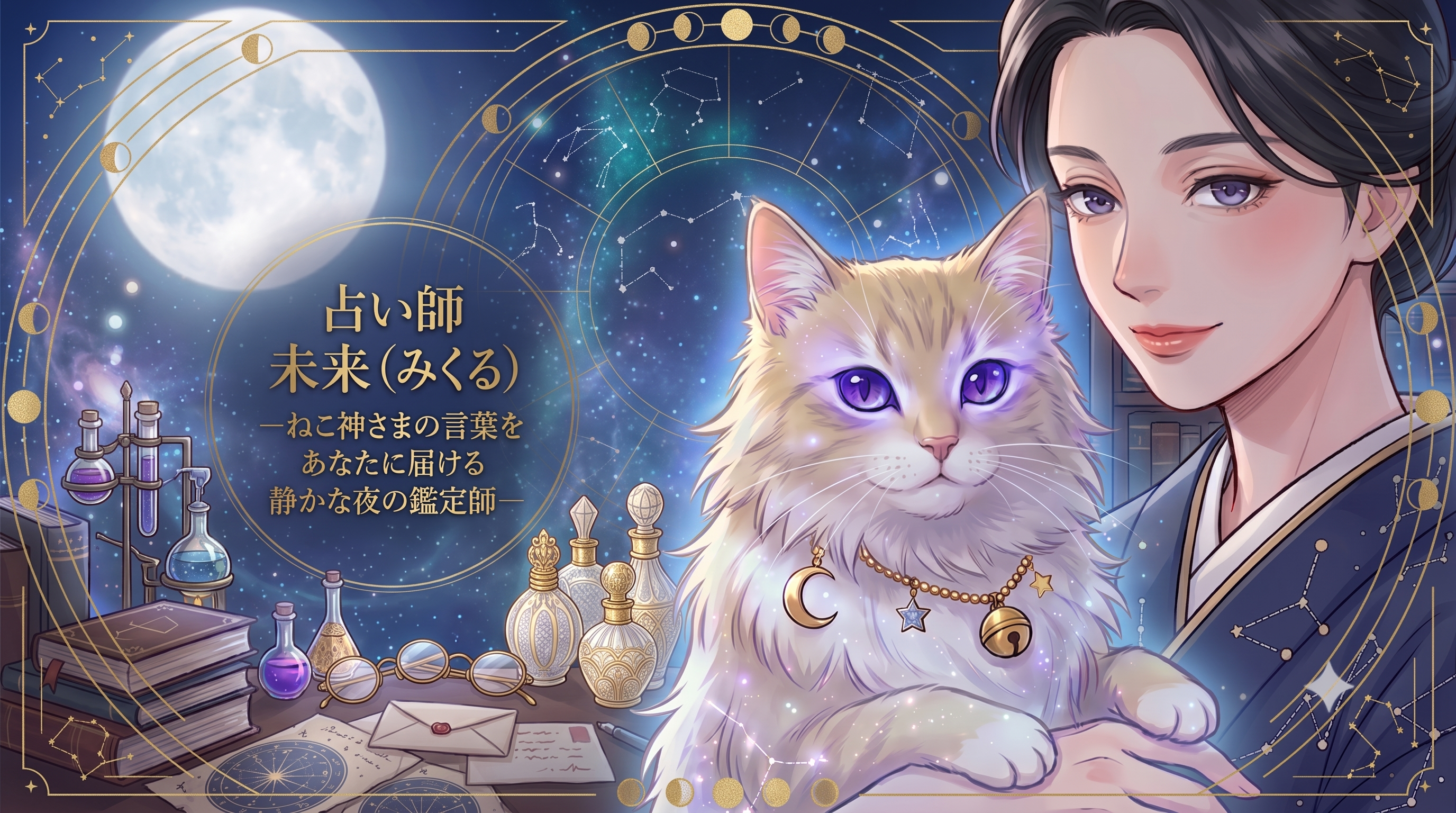 占い師未来（みくる）。ねこ神さまの言葉をあなたに届ける、静かな夜の鑑定師。月と星空の鑑定室に、みくるとねこ神さまが寄り添うイラスト