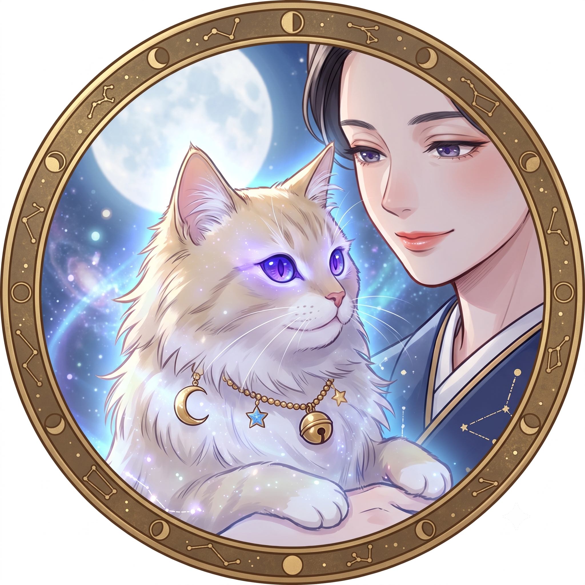 星座と月の金色のメダリオンに囲まれたみくるとねこ神さま