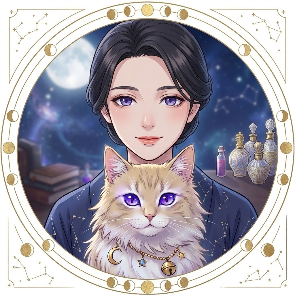 月の満ち欠けを描いた金色のフレームの中で、ねこ神さまを抱くみくる