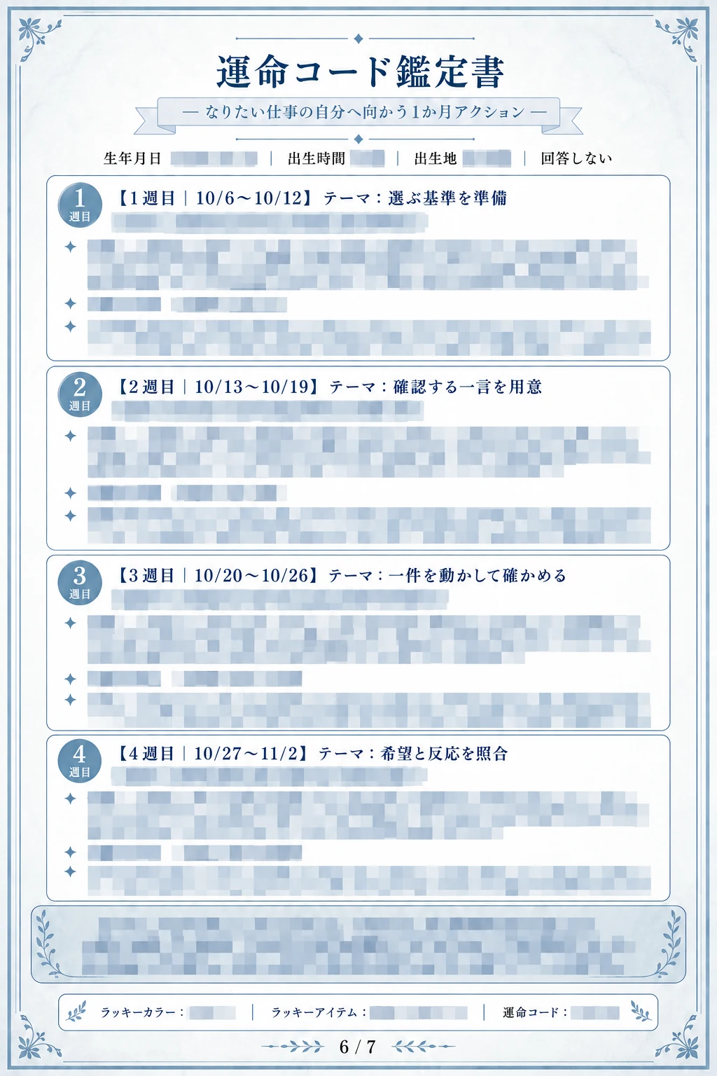 有料6ページ目：四週間のアクション、行動お守り、アファメーション。本文はモザイク処理済み